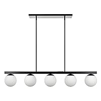 Linea di Liara Caserti Globe Linear Pendant - Black Mid Century Modern Farmhouse Chandelier - 45 inch 5 Light Rectangle Dining Room Fixture W/ Frosted Glass Shades