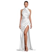 Women's Elegant Halter Neck Mermaid Bridesmaid Dresses Pleated Satin Long Formal Prom Wedding Dress with High Slit R053