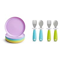 Munchkin® Multi™ Baby and Toddler Plates, 8 Pack & Raise™ Toddler Plastic Fork and Spoon Utensil Set, 4 Pack, Blue/Green