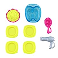 Mattel Replacement Barbie Size Foot Bath, Hair Brush and Dryer, Popcorn in Bowl and 4 Plates for Barbie Malibu Dollhouse Playset - FXG57, Yellow, Blue, Pink, Gray