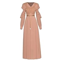 Summer Women V-Neck Ruffles Dress Long Sleeve Embroidery Sashes Elegant Pleated Midi Dress