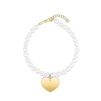 14k Yellow Gold 5.5mm Pearl Love Heart Charm Bracelet With Lobster Clasp Includes .75 Inch Extender 8 I Jewelry for Women