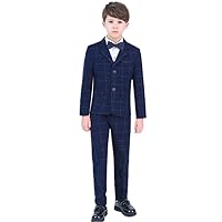 5 Pieces Boy Suits Plaid Tuxedo Slim Fit Peak Lapel (Jacket+Pants+Shirt+Vest+Bowtie) Party Performance