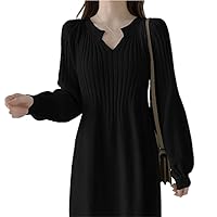 Plus Size Autumn Winter Elegant Women' Long Sleeve Knitted Dress V Neck Solid Color Ruffle Trim
