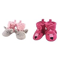Hudson Baby Girl Cozy Fleece Booties 2-Pack, Pink Gray Elephant Pink Flamingo, 18-24 Months