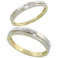 10k Yellow Gold Diamond 2 Piece Wedding Ring Set His 4mm & Hers 3mm, Ladies Size 10