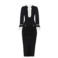 Black Pleated Button Trim Slim Party Evening Dress Long Sleeve Slim Elegant Lady