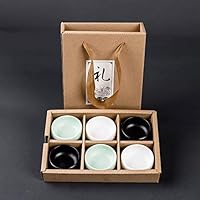 3 Colors Japanese Kungfu Ceremony Set of 6 Sake Tea Cups Ceramic Classic Drinkware Tiny Slim Small 45ml 1.6Oz with Black White Green Cyan Mix Style Traditional Handcrafted Gift