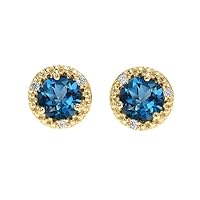 HALO STUD EARRINGS IN YELLOW GOLD WITH SOLITAIRE LONDON BLUE TOPAZ AND DIAMONDS