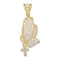 10k Yellow Gold Mens CZ Cubic Zirconia Simulated Diamond Rosary Praying Hands Religious Charm Pendant Necklace Jewelry for Men