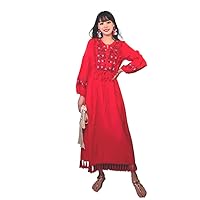 Retro Ethnic Style Embroidery Tassel Cotton and Linen Female V-Neck Sleeve Large Dress