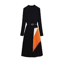 Autumn Winter Knitted Patchwork Print Pleated Dress Women Long Sleeve Office One-Piece Sweater Dress with Belt