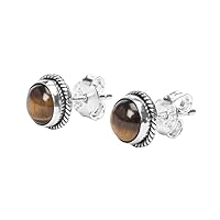 Tiger Eye Stone Stud Post Earrings, 925 Sterling Silver Gemstone Earring 6 MM Round Girls Women Gift