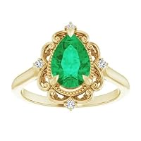 1.5 CT Victorian Pear Shape Emerald Ring 14k Yellow Gold, Vintage Green Emerald Ring, Antique Tear Drop Emerald Engagement Ring, May Birthstone Ring, Wedding/Bridal Rings