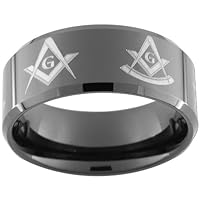 10mm Black Tungsten Carbide Masonic Square & Compass Past Master Ring (full and half sizes 5-15)