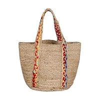 Pure Natural and Handmade Jute With Cotton Multicolor Handle Women Handbag, Tote, Clutch Jute Bag, Shopping Bag - 1 Pack