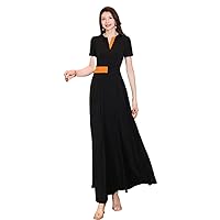Women Black Long Dress Summer Patchwork V-Neck Short Sleeve Slim Chiffon Elegant Overlength