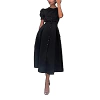 Women Short Sleeve Dress Single Breasted Solid Color Dresses Evening Party Casual A Line Dress