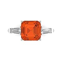 3.47ct Asscher Baguette cut 3 stone Solitaire with Accent Red Simulated Diamond designer Statement Ring 14k White Gold