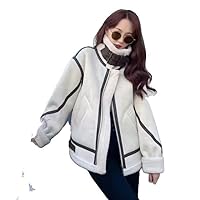 Winter Coat Faux Fur Suede Leather Women Warm Jacket Zipper Moto Biker Long Sleeve Short Casual Outwear s3 White L
