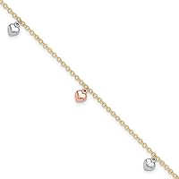 7.5mm 14k Tri color Gold Polished Love Hearts Plus 1in Extension Anklet 9 Inch Jewelry Gifts for Women