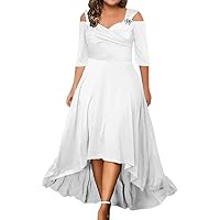 Plus Size Dresses for Curvy Women's,Off Shoulder Half Sleeve V-Neck Dress Elegant Flowy High Low Hem Dresses
