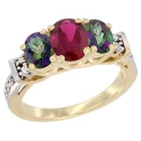 10K Yellow Gold Enhanced Ruby & Natural Mystic Topaz Ring 3-Stone Oval Diamond Accent