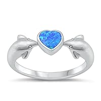 Blue Simulated Opal Classic Ring New 925 Sterling Silver Heart Dolphin Band Sizes 5-10