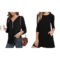 VIISHOW Women's Round Neck 3/4 Sleeves A-line Casual T-Shirt Dress with Pocket and Casual V Neck Chiffon Blouses Cuffed Sleeve Stylish Zipper Blouse