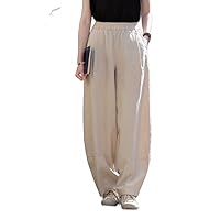Women Cotton Linen Pants Baggy Elastic Waist Cropped Casual Loose Beach Pants
