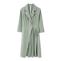 Woman' Spring Asymmetrical Dress Solid Turn-Down Collar Three Quarter Sleeve Brooch Decorate Female