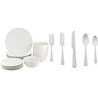 Amazon Basics 18-Piece Kitchen Dinnerware Set, Plates, Dishes, Bowls, Service for 6 - White and Amazon Basics 20-Piece Stainless Steel Flatware Set