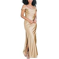 Silk Satin Off Shoulder Mermaid Bridesmaid Dresses Long Side Seam Slit Ruched Cowl Neck Formal Dress for Women Evening