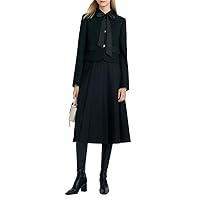 2 Piece Suit Black Jacket and Skirt Set for Women Crop Long Sleeve Jacket with Flaps and Long Pleated Skirt Outfits