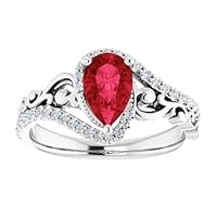 Sculptural 1 CT Pear Shape Ruby Engagement Ring 14k White Gold, Scroll Tear Drop Red Ruby Diamond Ring, Halo Deco Ruby Ring, July Birthstone Ring