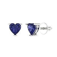 1.0 ct Brilliant Heart Cut Solitaire Genuine Simulated Tanzanite Pair of Stud Earrings Solid 18K White Gold Screw Back