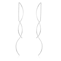 Reffeer Solid 925 Sterling Silver Double Linear Curved Tassel Earrings Threader Drop Dangle Earrings Perfect For Women Teens Girls