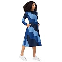 Dark Baby Blue Wavy Print All-Over Print Long Sleeve midi Dress