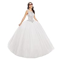 Women's Lace Appliques Quinceanera Dresses Beading Sequined Tulle Ball Gown Evening Prom Dress