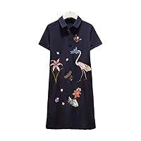 Summer Women Embroidery Floral Polo Dress Elegant Midi Dresses Loose Long T-Shirt Dress