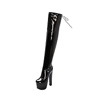 Women's long-legged high boots, autumn and winter boots, black and red square toe, ultra-high heel, thick-soled over-the-knee boots, thick-heeled women's boots, side zipper, over-the-knee boots, paten