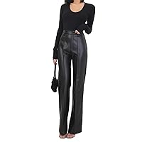 Women's Leather Floor Pants Classic Straight Suit High Pants Long Leg Casual Slim Pants