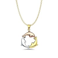 14K Tri Color Gold Dolphin Pendant 24mmX24mm with 16 Inch To 22 Inch 1.2MM Width 14K Yellow Gold Classic Rolo Cable Chain Necklace