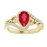 Sculptural 1.5 CT Pear Shape Ruby Engagement Ring 14k Rose Gold, Scroll Tear Drop Red Ruby Diamond Ring, Halo Deco Ruby Ring, July Birthstone Ring