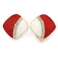 Red/White Enamel Crystal Square Clip On Earrings In Gold Plating - 20mm