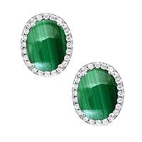 925 Sterling Silver Natural Malachite CZ Halo Oval Stud Earrings Butterfly backing For Girls Handmade Fashion Jewelry For Women