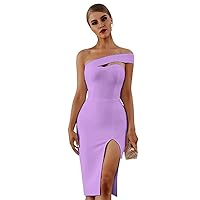 Women's One Shoulder Satin Strapless Evening Dress Side Split Sleeveless A Line Ball Gowns Lilac