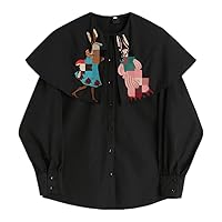 Women Pan Collar Rabbit Embroidered Blouse Female Spring Sleeve Temperament Sweet Shirt Lady Casual Black