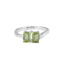 Natural Green Peridot Octagon Gemstone and Zircon Ring In 925 Sterling Silver, 925 Stamp Jewelry, Gift For Women and Girls