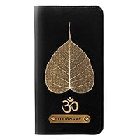 RW2331 Gold Leaf Buddhist Om Symbol PU Leather Flip Case Cover for iPhone 11 Pro Max with Personalized Your Name on Leather Tag